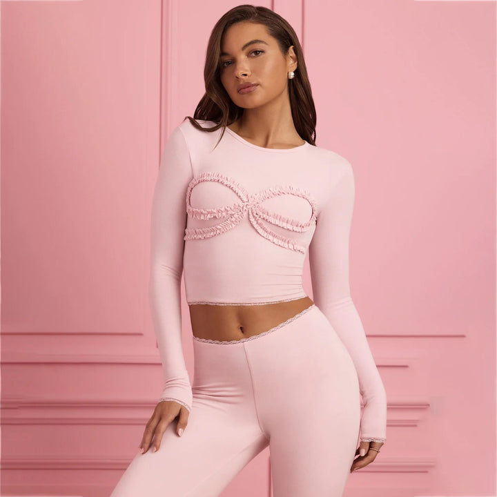 Damen körperbetontes Langarm-Crop-Top mit Rüschendetails Drune