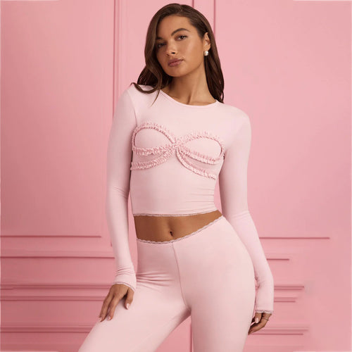 Damen körperbetontes Langarm-Crop-Top mit Rüschendetails Drune