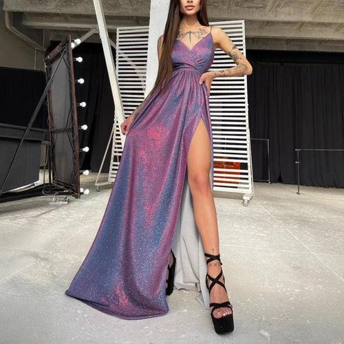 Damen Elegantes Glitzer-Maxikleid mit tiefem Schlitz und schickem Wickeldesign Drune