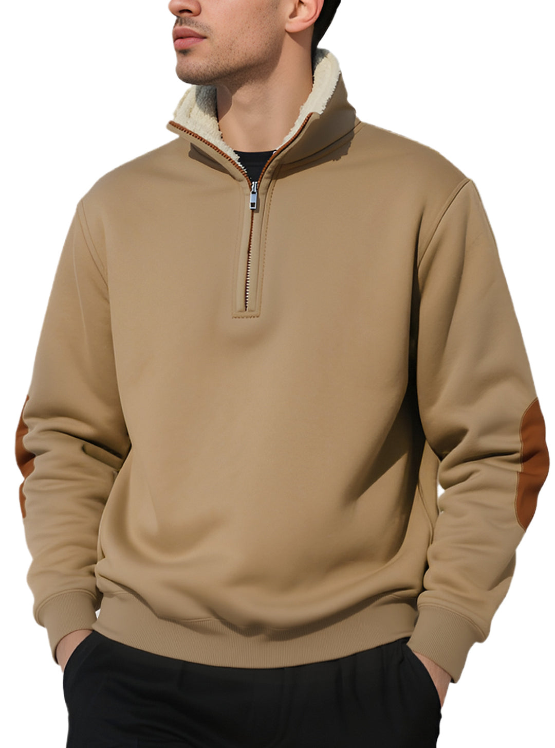 Herren nan legeres Halbzip-Sweatshirt mit Sherpagefüttertem Stehkragen und Kunstleder-Ellenbogenapplikation Drune