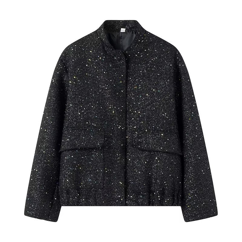 Damen nan glitzernde kurze Boxy-Jacke mit elastischem Saum und dezentem Stehkragen Drune