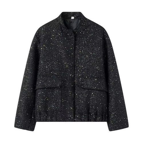 Damen nan glitzernde kurze Boxy-Jacke mit elastischem Saum und dezentem Stehkragen Drune