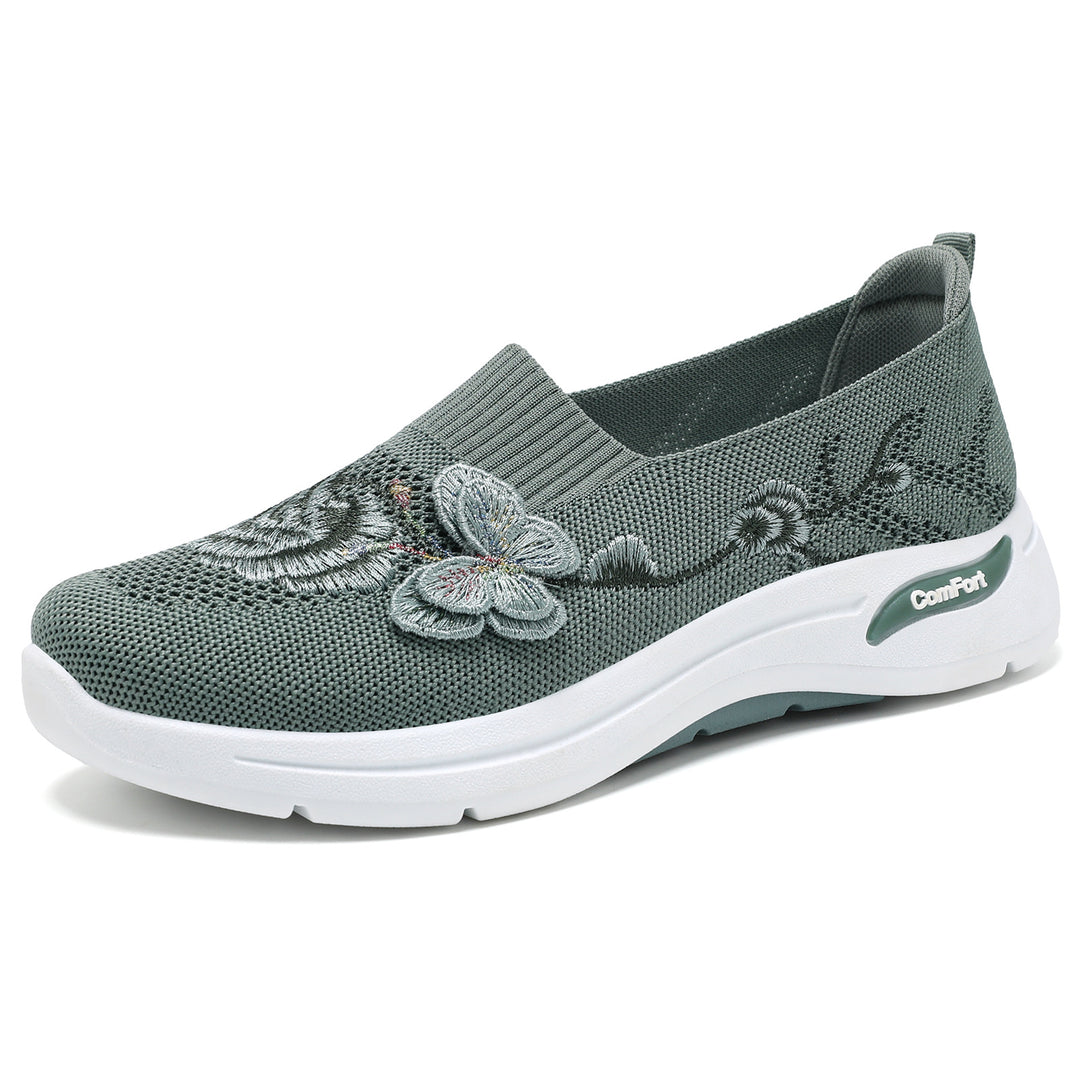 Damen nan gestrickter Slip-On Slipper mit 3D-Blumenstickerei und ergonomischer Komfort-Zwischensohle Drune