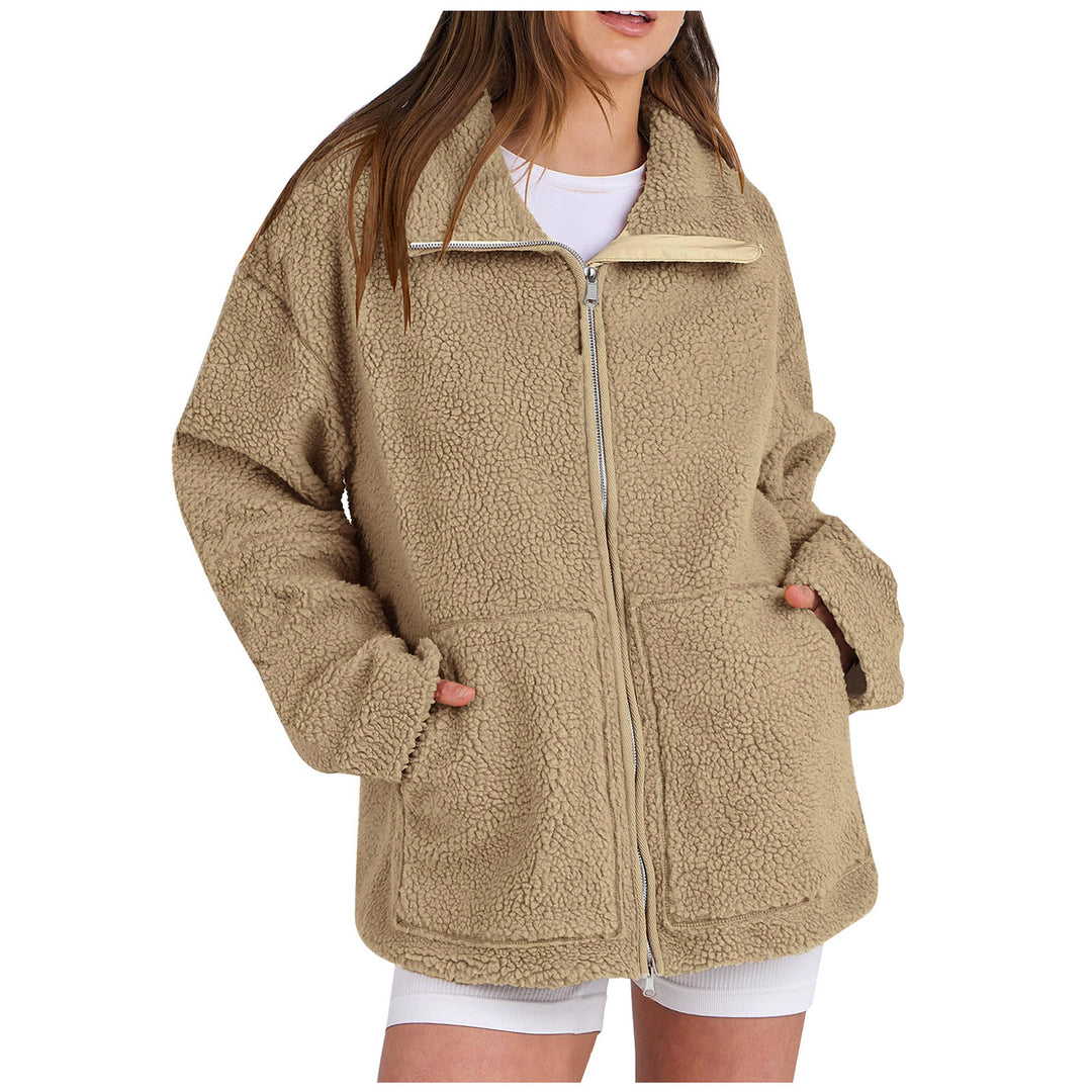 Damen nan oversized Teddyfelljacke mit Stehkragen Reißverschluss und aufgesetzten Taschen Drune