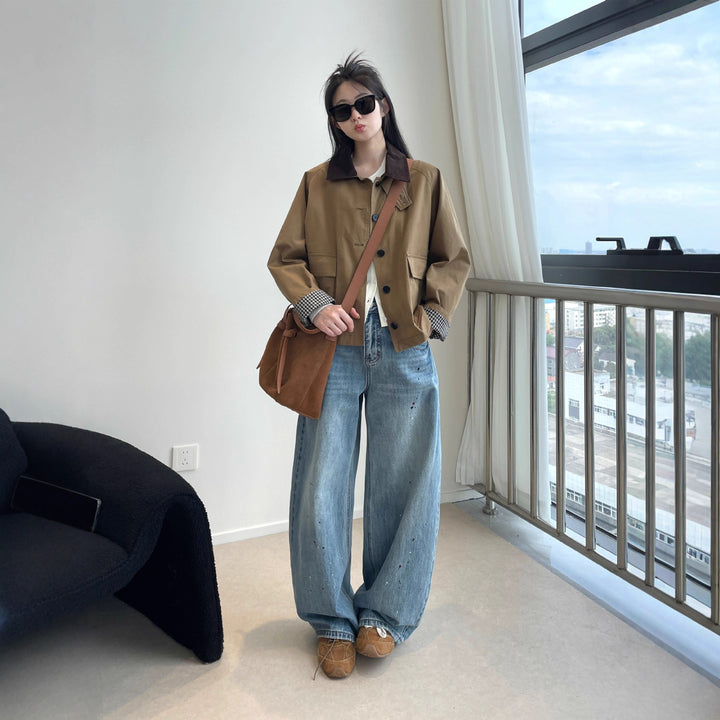 Damen Kurzjacke im Worker-Stil mit Cordkragen und aufgesetzten Pattentaschen Drune