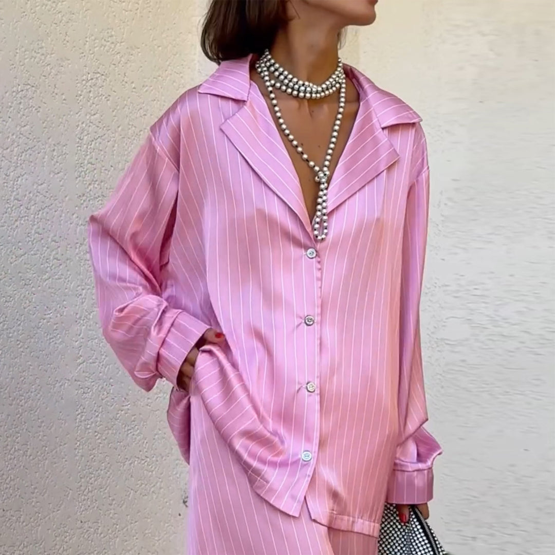 Damen Schlafanzugset aus satinierter Baumwolle mit eleganten Streifen und lockerem Schnitt Drune