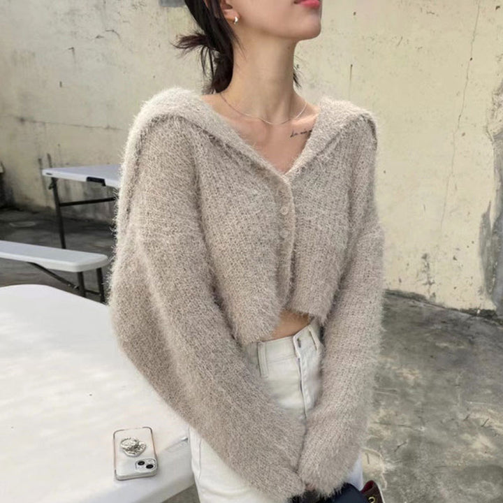 Damen Kurzstrickjacke mit weichem, luftigem Material und Kapuze Drune