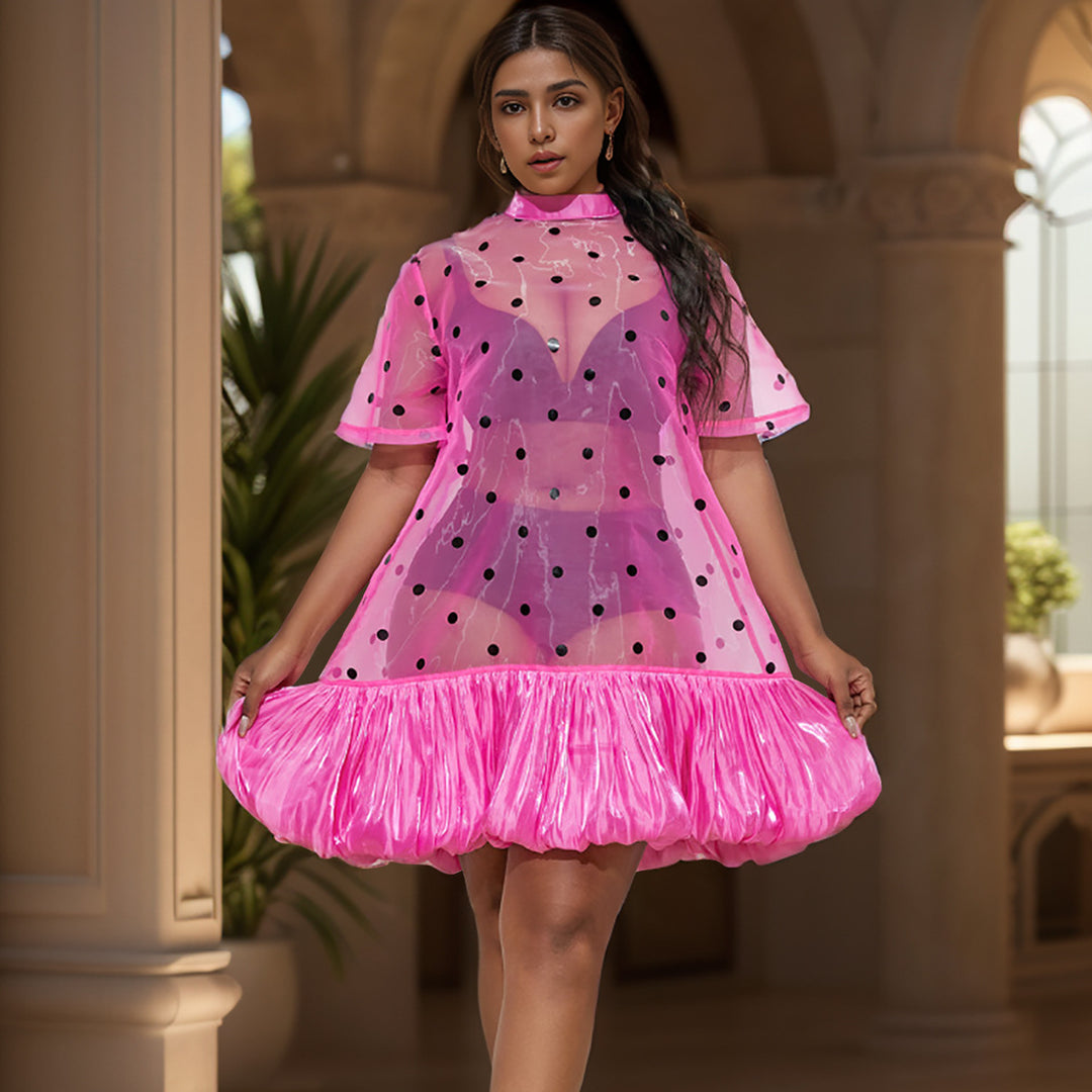Damen Transparentes Polka-Punkte Kleid mit Rüschensaum Drune