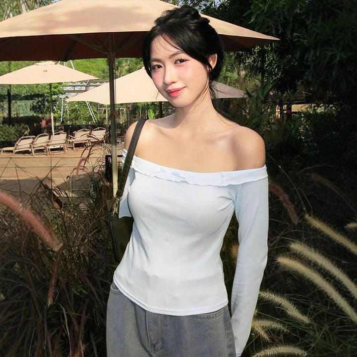 Damen Off-Shoulder Langarmoberteil mit zartem Rüschenbesatz Drune