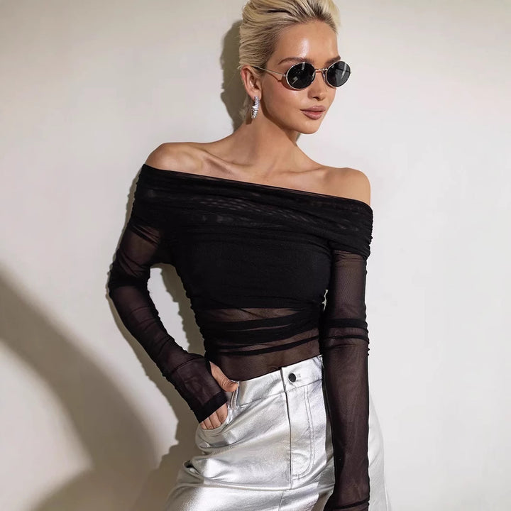 Damen Off-Shoulder Langarmshirt aus leicht transparentem Stoff mit raffiniertem Drapierungseffekt Drune