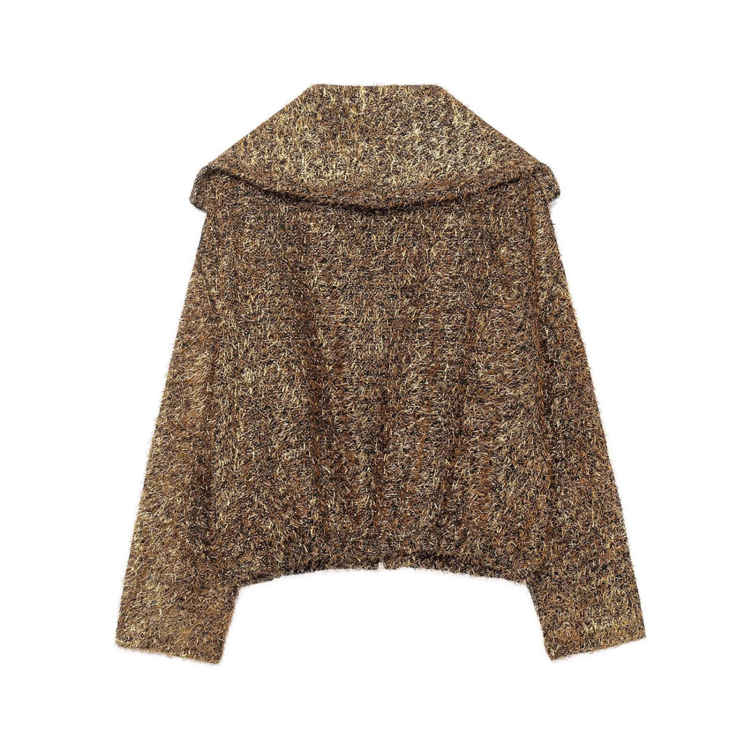 Damen Glitzernde Bouclé-Zipjacke mit weitem Kragen und cropped Boxy‑Schnitt Drune