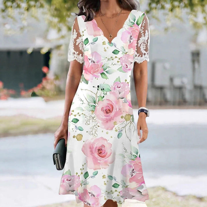 Damen nan A-Linien-Midikleid mit wellenförmigem V-Ausschnitt, ganzflächigem Blumenmuster und transparenten Spitzenärmeln Drune