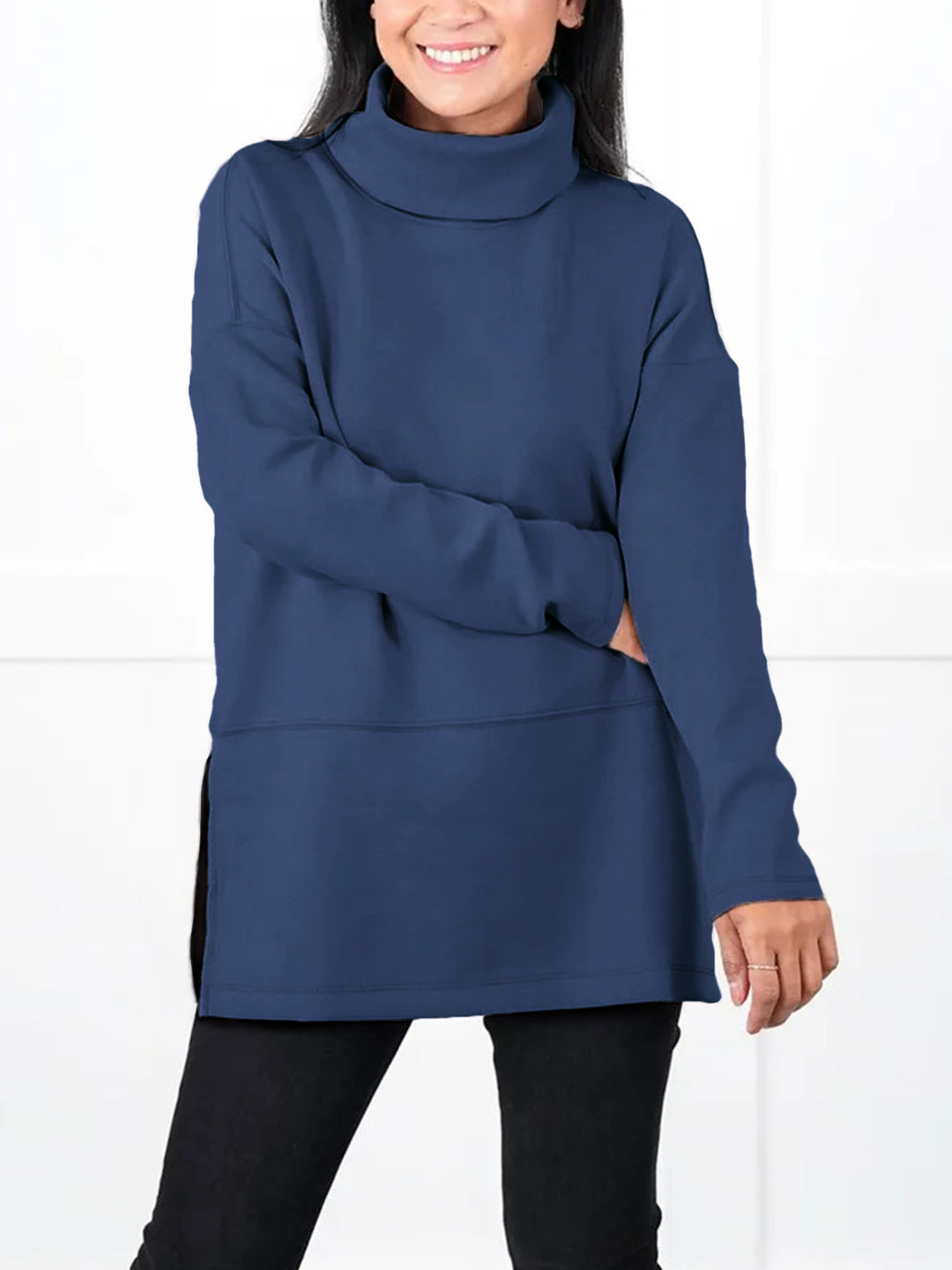 Damen Oversize Sweat-Tunika mit hohem Rollkragen, seitlichen Schlitzen und verlängertem Saum Drune