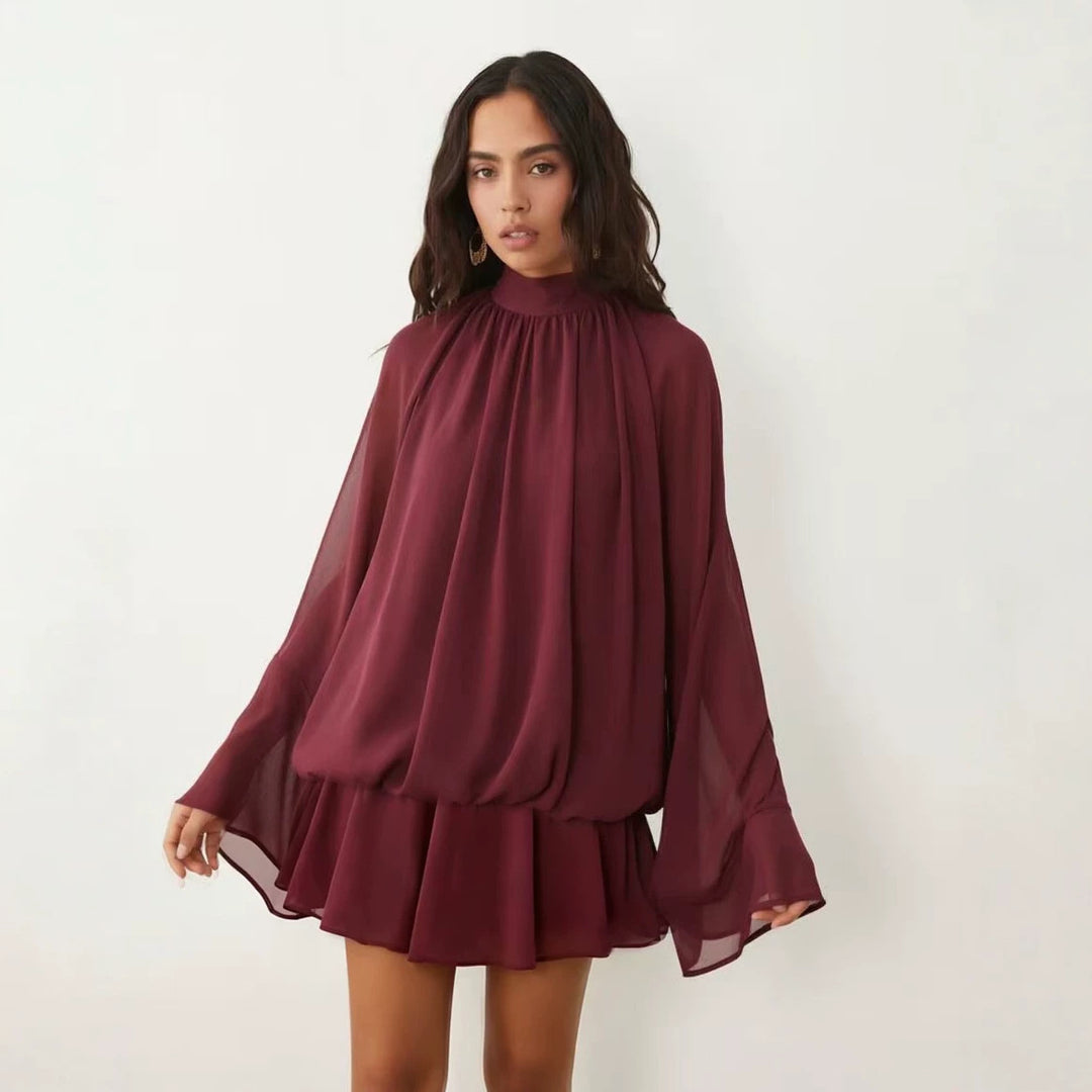 Damen Chiffon-Minikleid mit geraffter Blusentunika, Stehkragen und Volantrock Drune