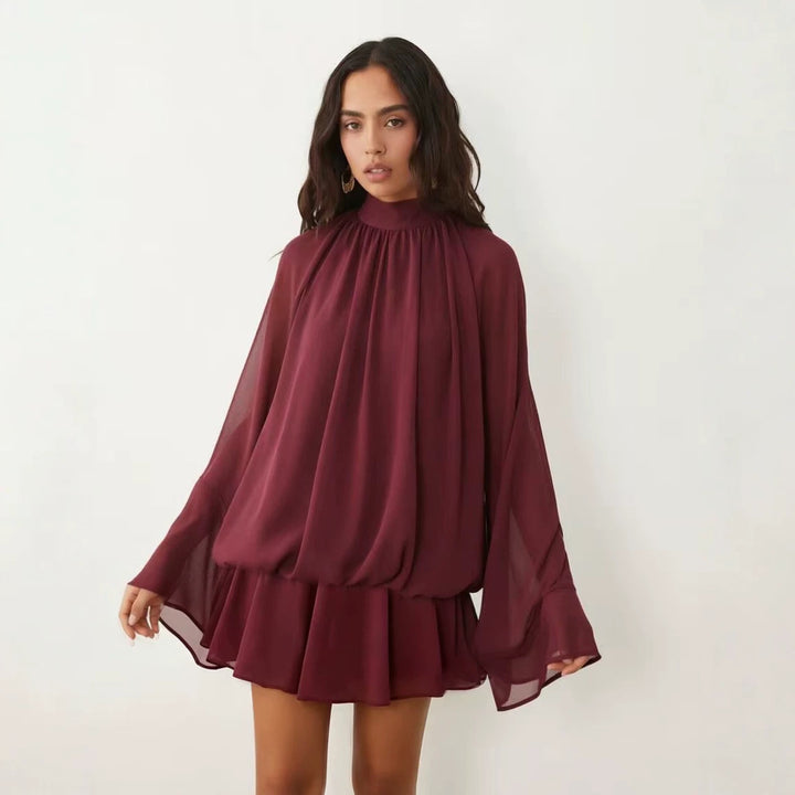 Damen Chiffon-Minikleid mit geraffter Blusentunika, Stehkragen und Volantrock Drune