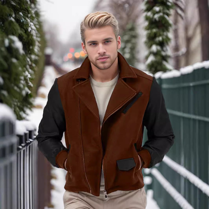Herren Kurzjacke im Aviator‑Style mit Kontrastärmeln und asymmetrischem Reißverschluss Drune