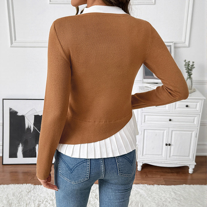 Damen Figurbetonter Strickpullover mit asymmetrischer Knopfleiste und Plissee-Layer Drune