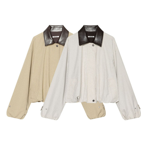 Damen Cropped-Boxy-Übergangsjacke mit Karomuster und kontrastierendem Kunstlederkragen Drune