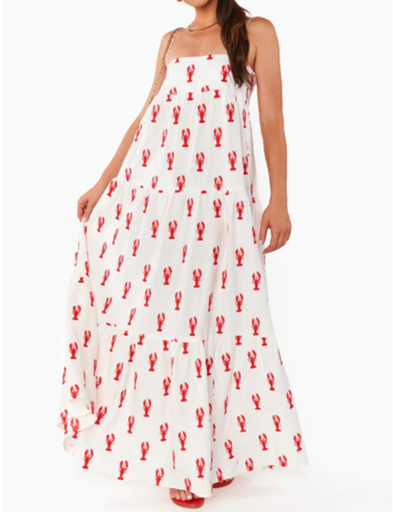 Damen nan trägerloses Bandeau-Maxikleid mit gestuftem Volantrock und maritimem Hummer-Motiv Drune