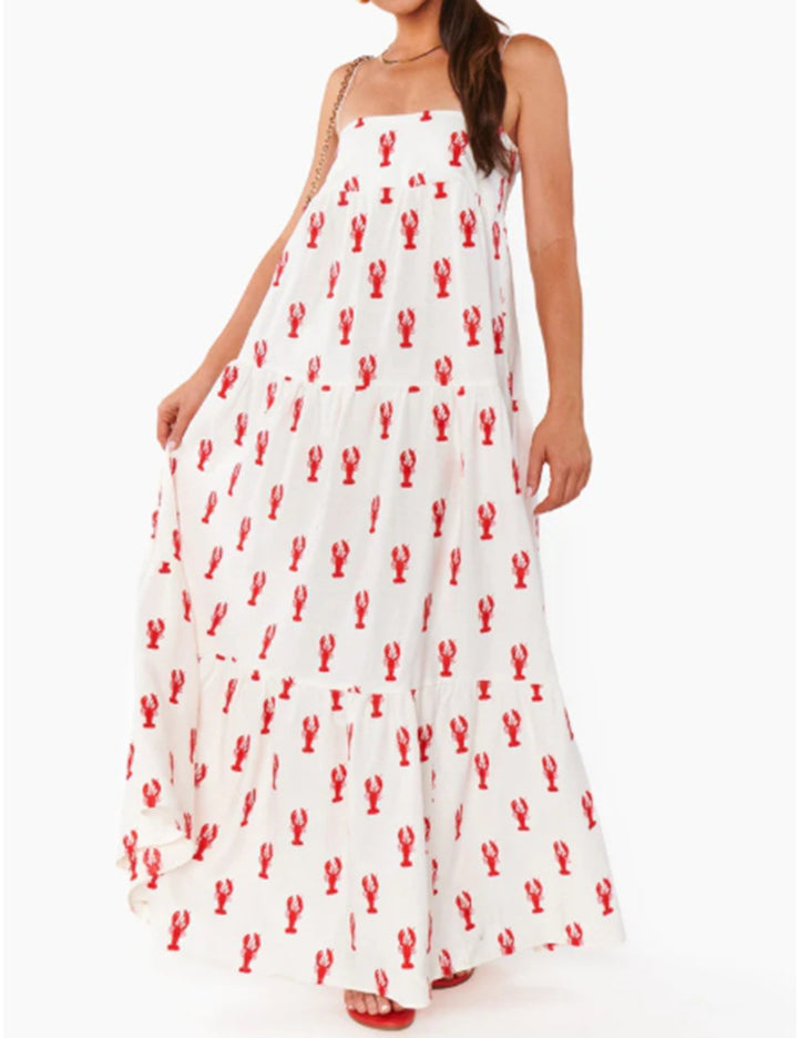 Damen nan trägerloses Stufenmaxikleid mit Bandeau-Oberteil lockerer A-Linie und maritimem Hummer-Print Drune