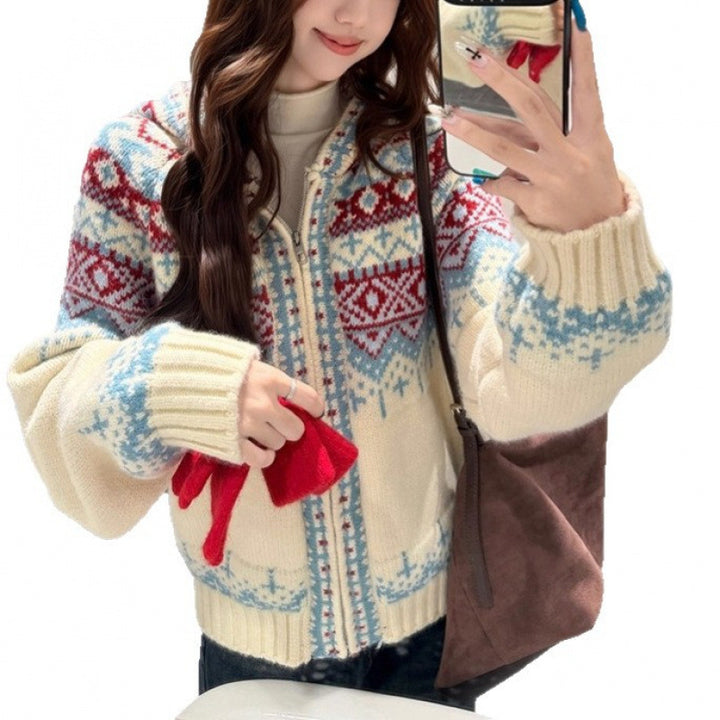 Damen Strickjacke mit nordischem Muster und tiefem V-Ausschnitt Drune