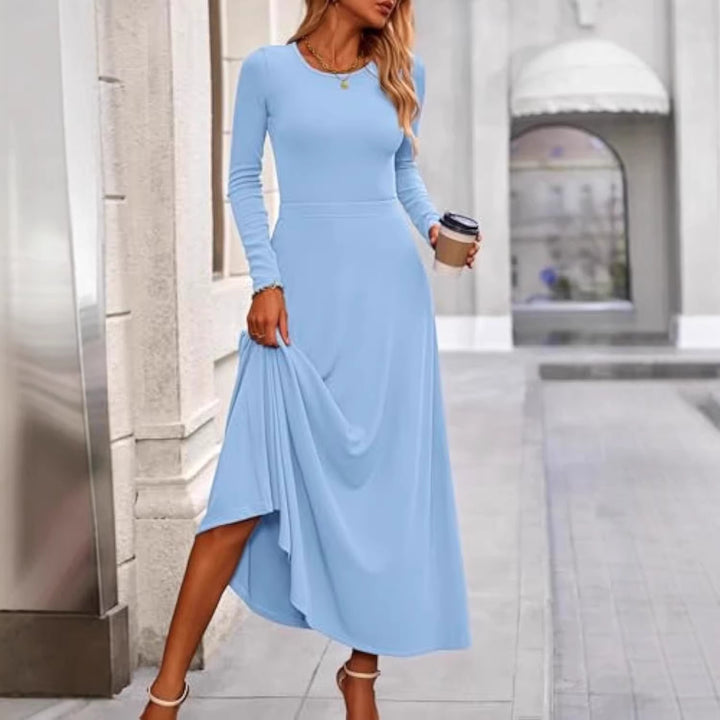 Damen Langärmeliges Maxikleid mit tailliertem Oberteil und fließendem A-Linien-Rock Drune