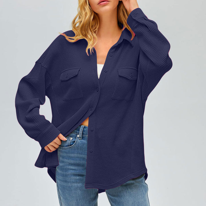 Damen nan oversized Waffelstrick Hemdjacke mit Brusttaschen und Knopfleiste Drune