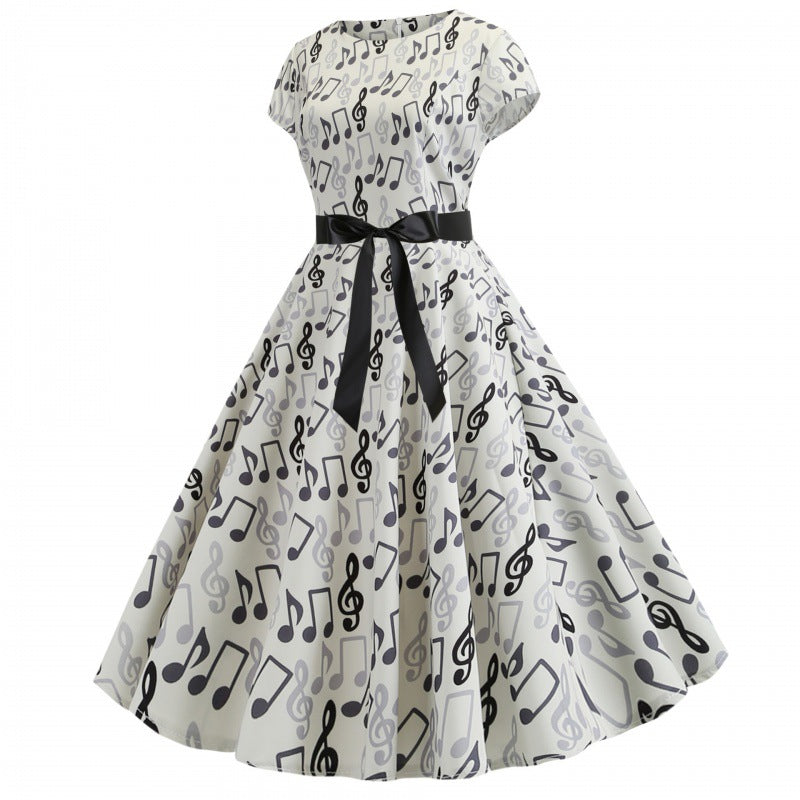 Damen Rockabilly Kleid mit musikalischem Motiv und tailliertem Design Drune