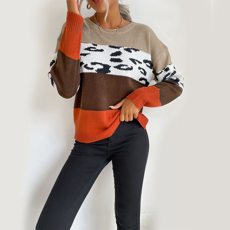 Damen Colorblock Strickpullover mit Leopardenprint-Einsatz und lässiger Oversize-Passform Drune
