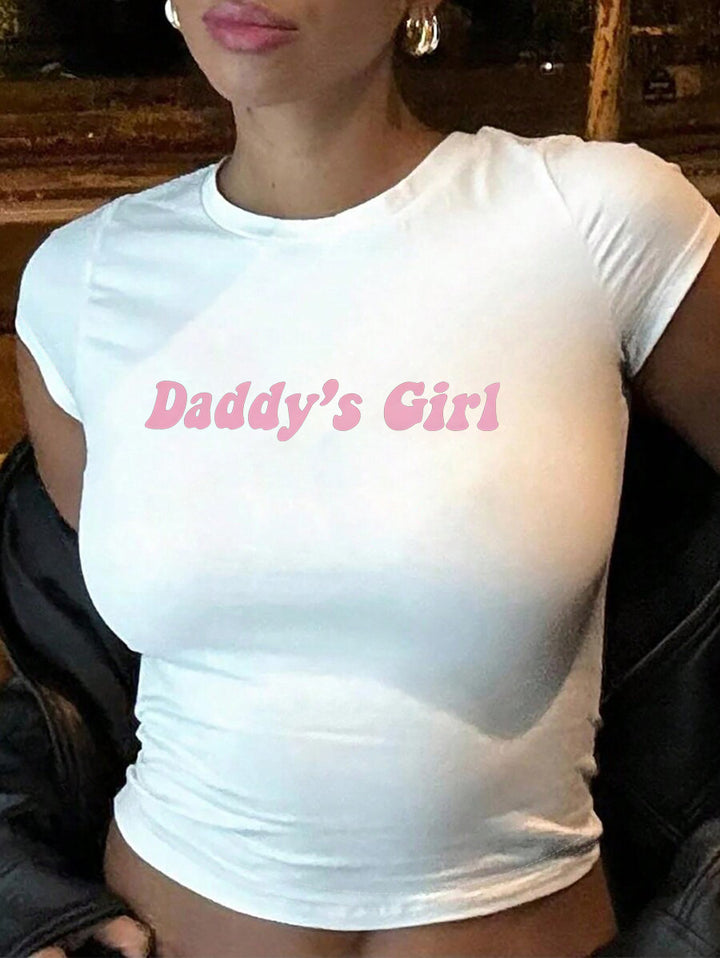 Damen figurbetontes Kurzarm-T-Shirt mit verspieltem Aufdruck Drune