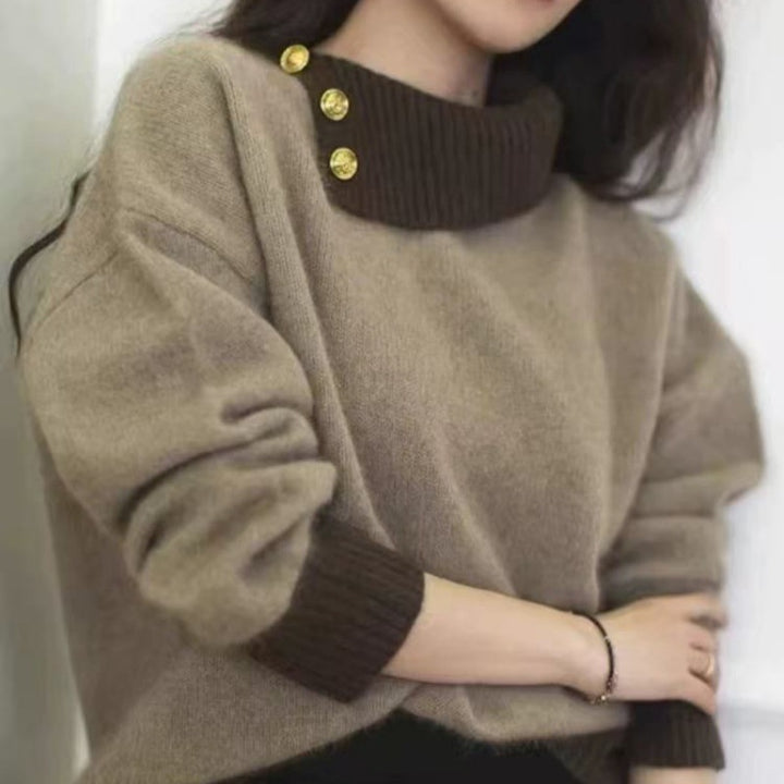Damen Kurzgeschnitteter Pullover mit asymmetrischem Knopf‑Mockneck und Ballonärmeln Drune