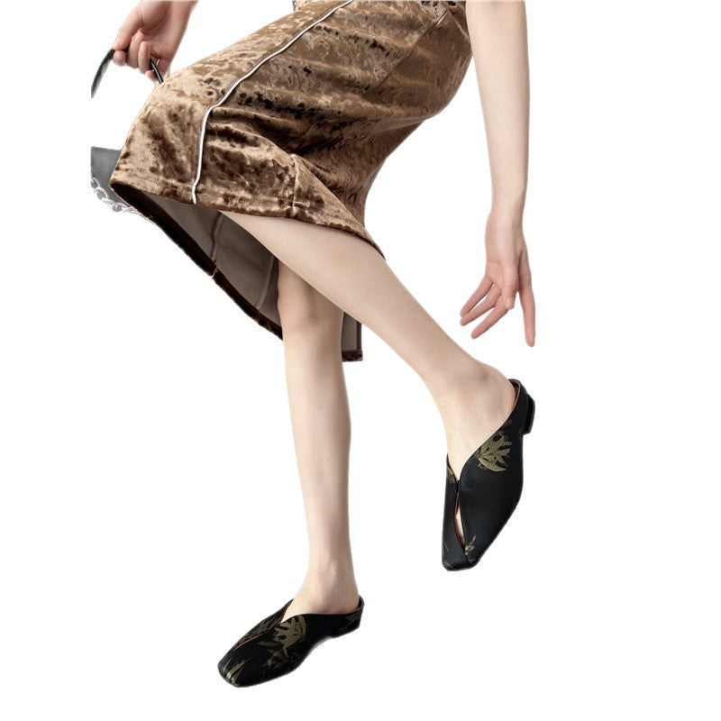 Damen fersenfreie spitz zulaufende Jacquard-Mules mit floralem Metallic‑Muster und flachem Absatz Drune