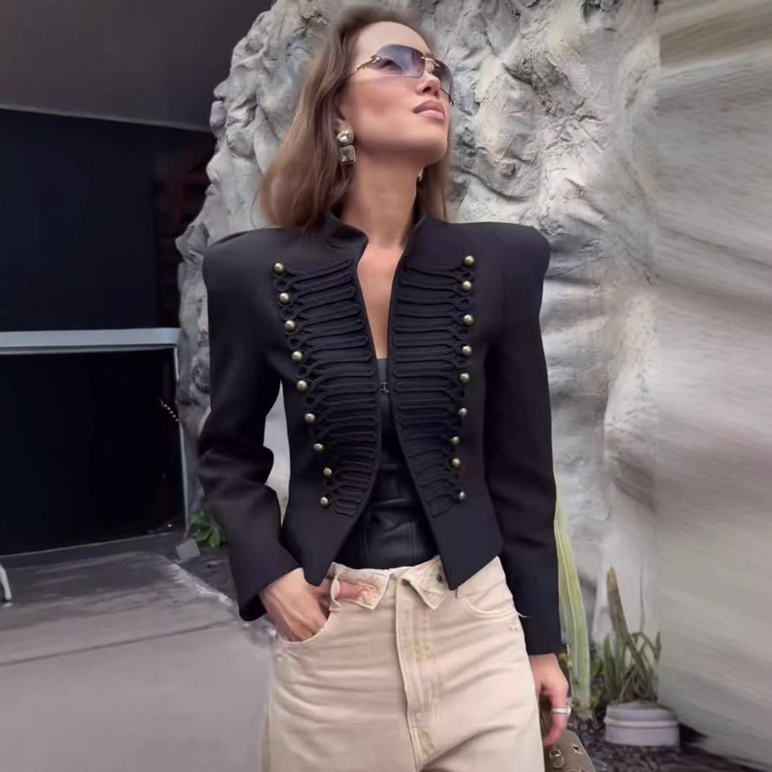 Damen Cropped Blazer im Husarenstil mit Stehkragen, Zierkordeln und Messingknöpfen Drune