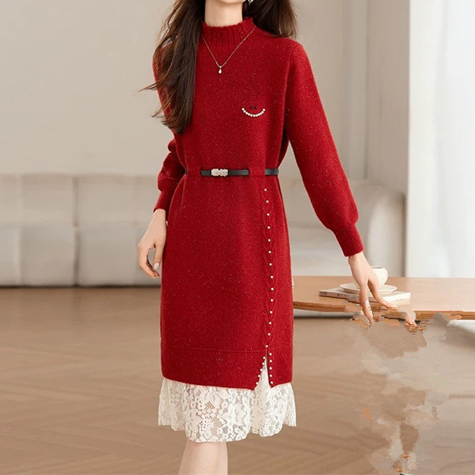 Damen Strickkleid mit elegantem Spitzensaum und taillierbarem Gürtel Drune