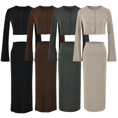 Damen Kurzgeschnittenes Set aus Feinstrick mit Knopfcardigan und figurbetontem Maxirock Drune