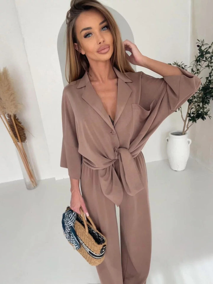 Damen lässiger Jumpsuit mit Bindegürtel und weit geschnittenen Beinen Drune