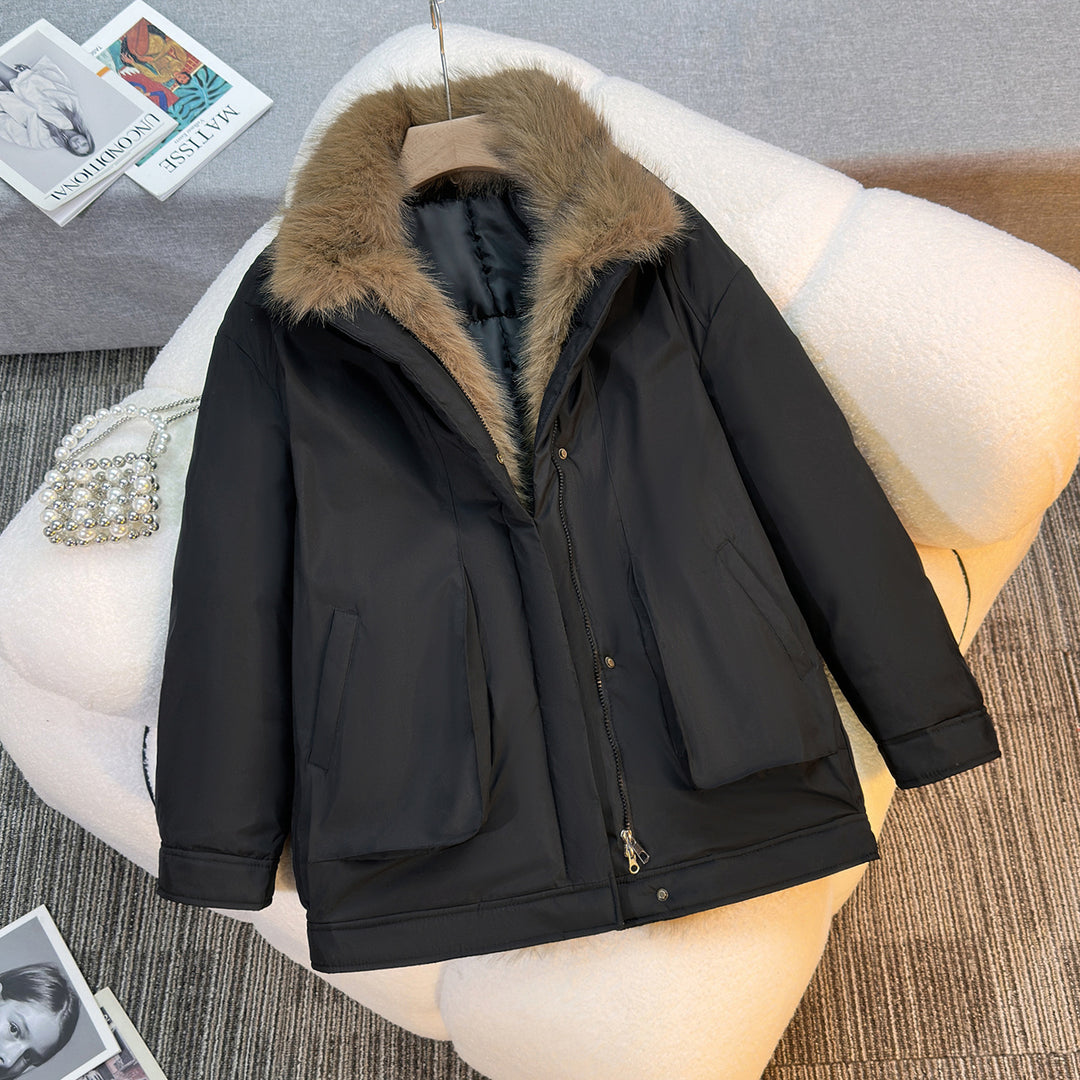 Damen nan mittellanger winddichter Winterparka mit abnehmbarem Kunstfellkragen, wattierter Innenblende und asymmetrischem Saum Drune