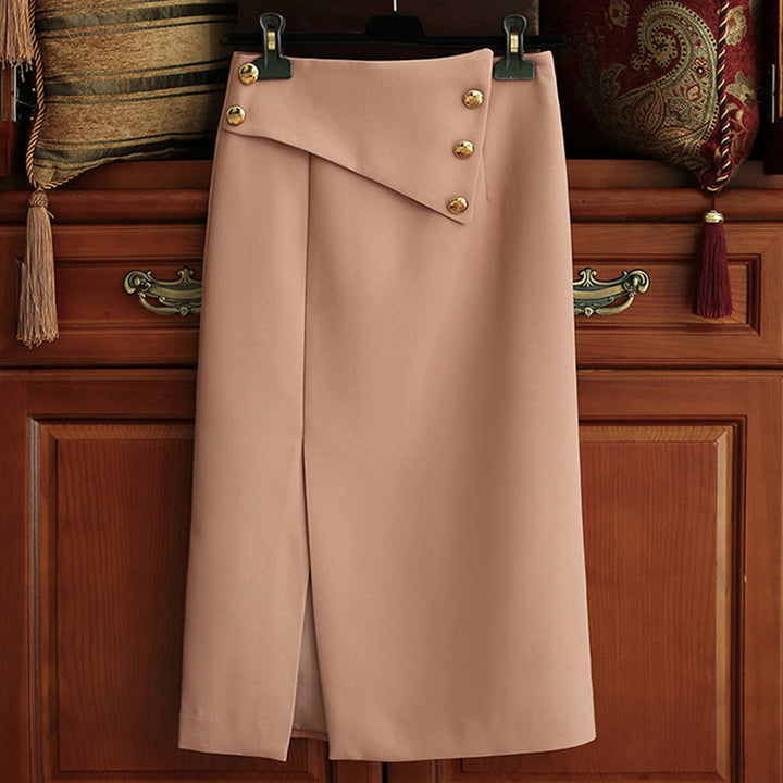 Damen Eleganter Midirock mit asymmetrischem Schnitt und Goldknöpfen Drune
