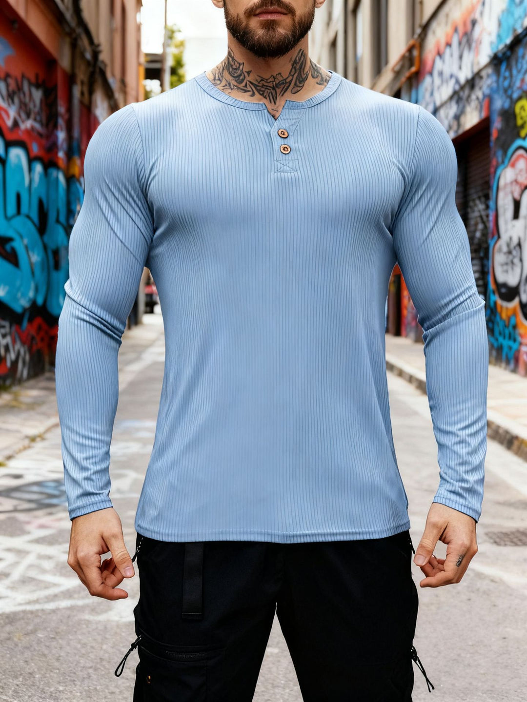 Herren nan geripptes Langarm-Henleyshirt mit flacher Knopfleiste und körperbetonter Stretch-Passform Drune