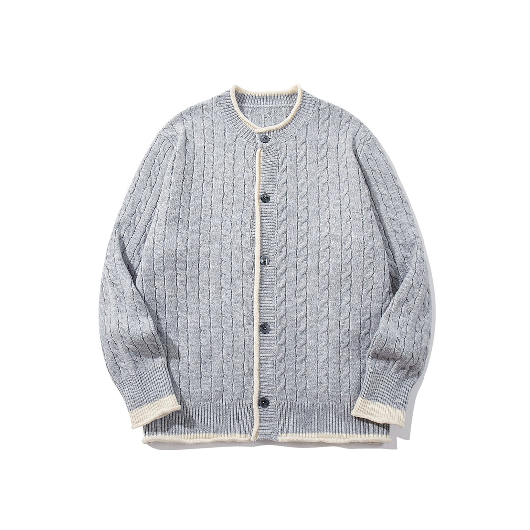 Unisex Kabelstrick-Cardigan mit Rundhals, kontrastierten Bündchen und durchgehender Knopfleiste Drune