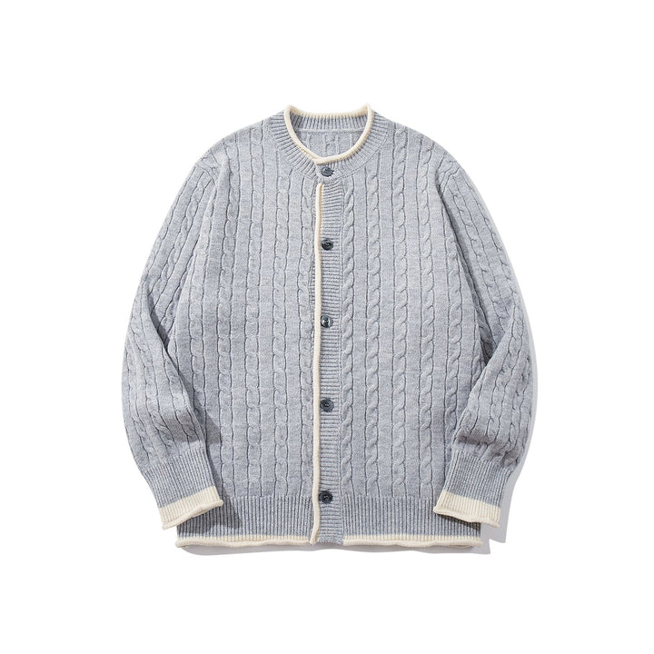 Unisex Kabelstrick-Cardigan mit Rundhals, kontrastierten Bündchen und durchgehender Knopfleiste Drune
