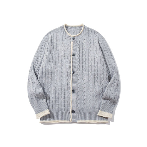 Unisex Kabelstrick-Cardigan mit Rundhals, kontrastierten Bündchen und durchgehender Knopfleiste Drune
