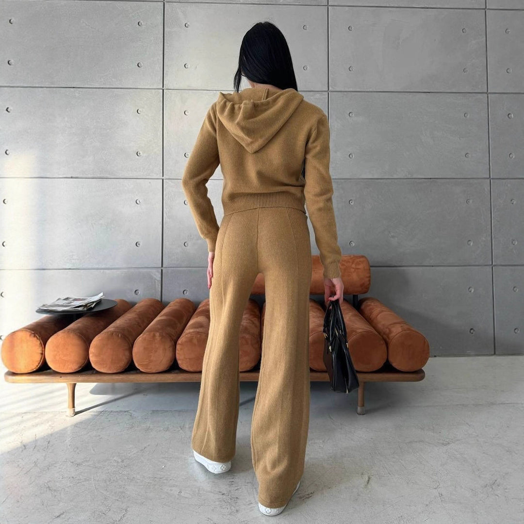 Damen Feinstrick-Loungewear-Set mit taillierter Kapuzenzipjacke und weiter Palazzo-Hose Drune