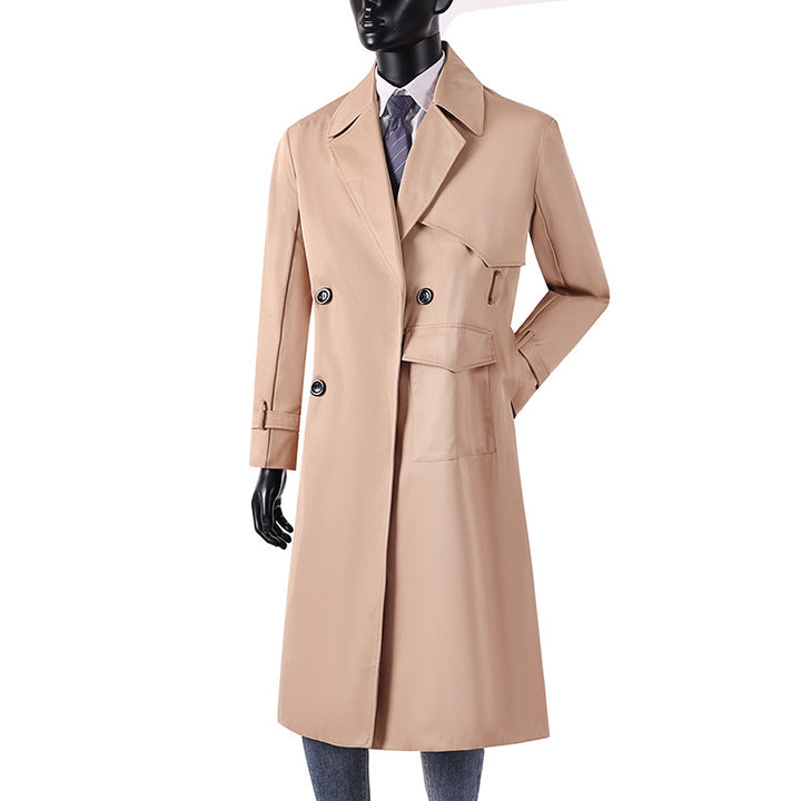 Herren Langmantel im Trenchcoat-Stil mit Sturmklappe, asymmetrischen Taschen und klassischem Revers Drune