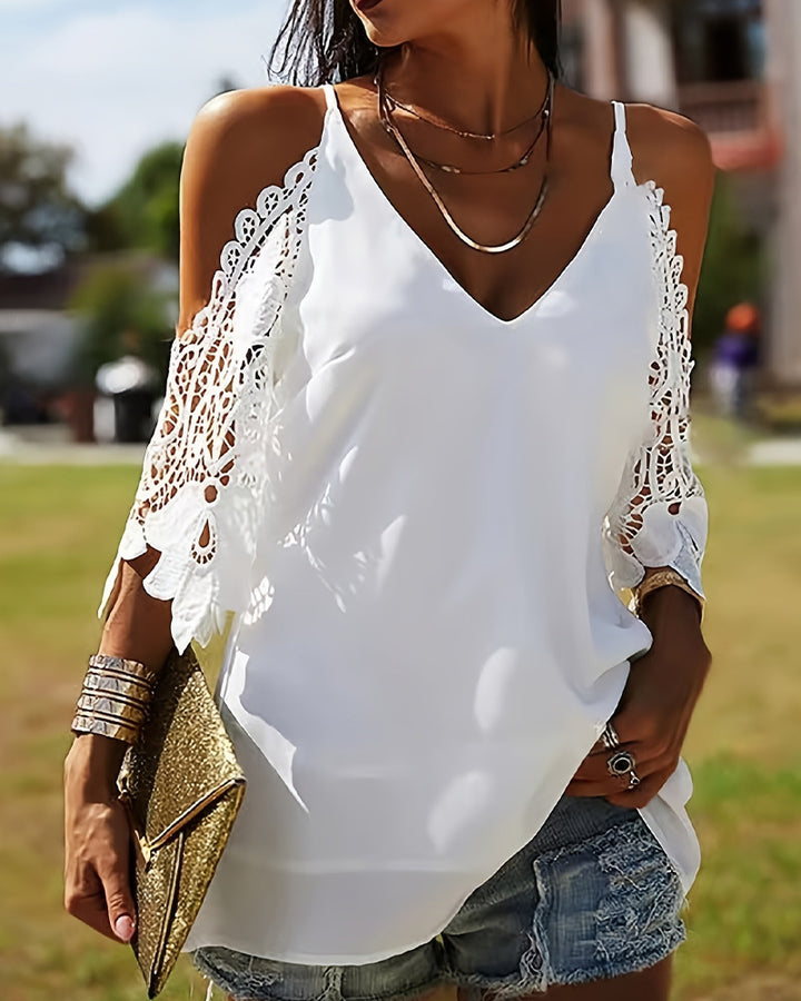 Damen Bluse mit offenen Schultern und Spitzenakzenten Drune