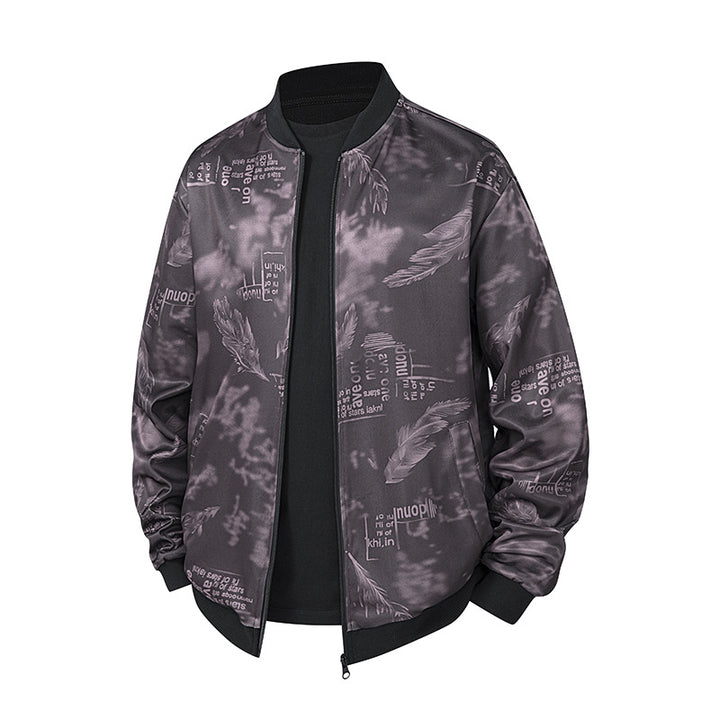 Herren Bomberjacke mit Allover‑Federprint, Satinoptik und geripptem Kragen Drune