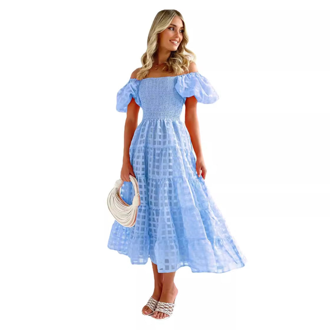 Damen Maxi-Kleid mit Puffärmeln und elastischem Oberteil Drune