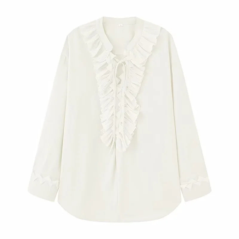 Damen nan Rüschenbluse mit Neck-Tie, plissierten Volants vorn und legerer Longline-Silhouette Drune