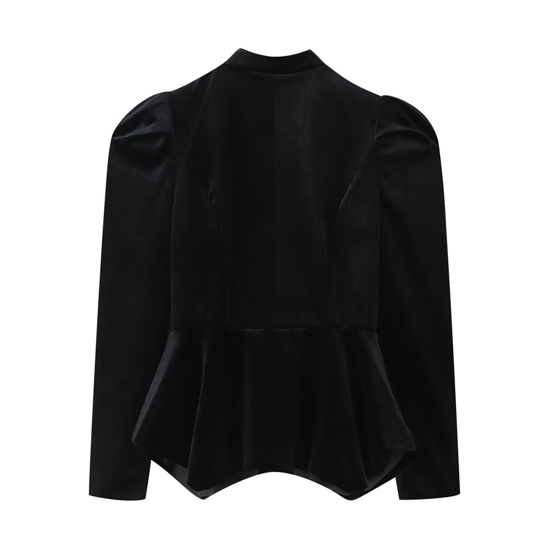 Damen Satinbluse mit Stehkragen, Puffärmeln und Peplum-Details Drune