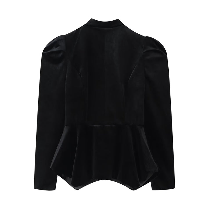 Damen Satinbluse mit Stehkragen, Puffärmeln und Peplum-Details Drune